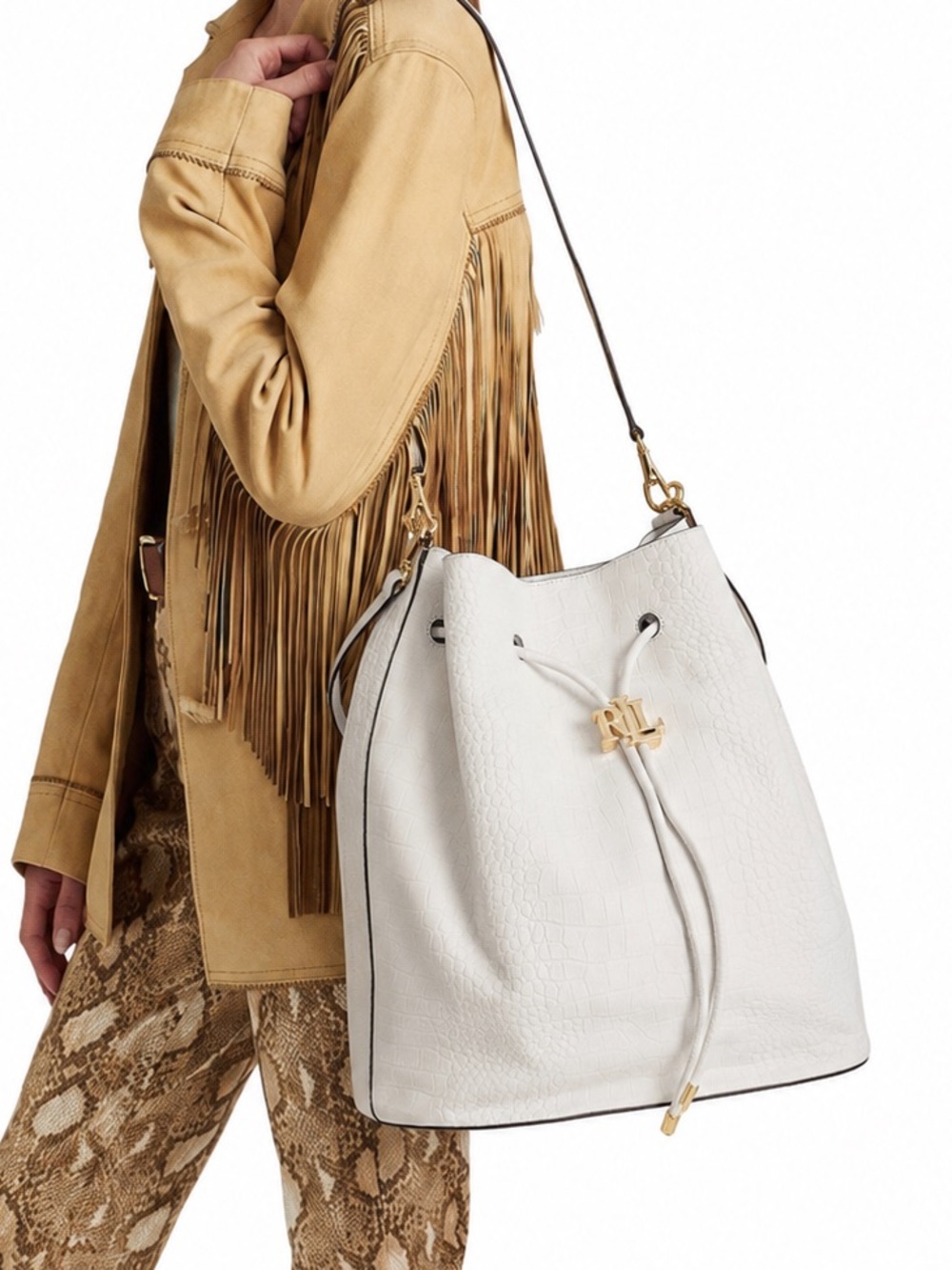 Lauren Ralph Lauren Andie Croc Embossed Drawstring Bucket Bag White Gray